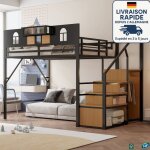 Modfu - lit mezzanine en métal 140x200cm, lit adulte enfant avec échelle de rangement et penderie, antichute, ... Modfu - lit mezzanine en métal 140x200cm, lit adulte enfant avec échelle de rangement et penderie, antichute, ...
