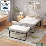 Modfu - lit simple enfant en mtal 80x190cm pliable avec matelas, 4 roulettes, convient pour chambre ...