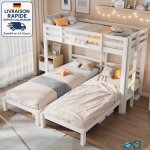 Modfu - lit superpos� 3 places 90x200cm en bois, lit enfant, 2 �chelles, sans matelas, blanc