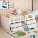 Modfu - lit superpos� 90x200cm, avec 4 tiroirs, barri�re antichute, �chelle, cadre de lit en pin, blanc ...