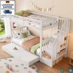 Modfu - lit superpos� enfant en bois 90x190 / 200 cm avec lit gigogne, escalier de rangement, sommier ...