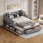 Lit avec tiroirs 140x200cm lit doubles pour adultes / enfants avec tables de chevet, avec banquette et ...