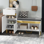 Modfu - meuble � chaussures avec banc rembourr� et tiroir, meuble entr�e 120x35x85 cm, accents dor�s, ...