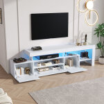 Modfu - meuble tv led, blanc brillant, pour t�l�viseur 85 pouces, 2 portes pliantes, meuble de salon, ...