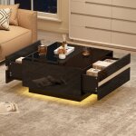 Modfu - table basse carr�e 70x70x36cm avec rangement, 2 tiroirs, table d'appoint led pour salon / chambre, ...