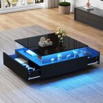 Modfu - table basse fixe rectangulaire 70x70x41cm, 2 tiroirs, charge 30kg, led, aggloméré, noir Modfu - table basse fixe rectangulaire 70x70x41cm, 2 tiroirs, charge 30kg, led, aggloméré, noir
