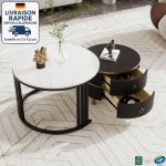 Modfu - table basse gigogne 2 en 1, placage marbre, table d'appoint de canap�, 70�70�46 + 50�50�40cm, ...