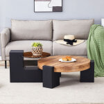 Modfu - table basse gigogne ronde 61�30 cm + gu�ridon 44�44 cm, 2 niveaux, plateau verre teint� & mdf ...