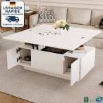 Modfu - table basse rectangulaire relevable avec rangement, 2 portes, 100�50�40cm, coloris blanc