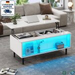 Modfu - table basse relevable led blanc avec rangement, table d'appoint de canap brillante, 4 pieds, ...