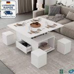 Modfu - table basse � roulettes avec 4 tabourets et 1 tiroir, table � manger de salon cuisine, blanc, ...