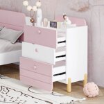 Modfu - table de chevet 64x40x83cm, commode 3 tiroirs, pieds naturels, bois, blanc / rose