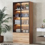 Vitrine 75x34, 5x170cm avec 2 tiroirs 2 portes, meuble de salle de bain, commode, led, mdf, naturel