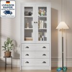 Modfu - vitrine salon 80x34x171 cm blanc + gris clair mat avec deux portes et trois tiroirs - avec porte ...