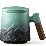 Mug en c�ramique avec filtre et couvercle, grande tasse � infusion avec anse en bois, coffret cadeau ...
