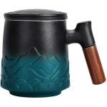 Mug en c�ramique avec filtre et couvercle, grande tasse � infusion avec anse en bois, coffret cadeau ...
