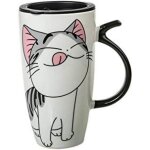 Mug chat porte - bonheur 600 ml - mug en porcelaine blanche - mug pour th� et caf� - couvercle isotherme ...