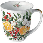 Mug en porcelaine fine aux agrumes et feuillages de no�l