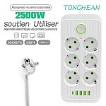 Multiprise electrique, bloc 6 prises 2500w 10a 230v avec 4 ports chargeur (4 usb a + 1 usb c) prise multi ...