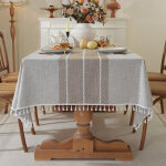 Nappe beige / marron, 90140cm, 1 pi�ce, avec pompons, en imitation coton / lin, lavable, style minimaliste ...