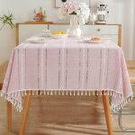 Nappe carr�e, 90x90 cm, rayures brod�es � pompons roses, nappe anti - taches.