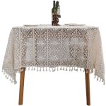 Nappe en coton crocheté style pastoral à pompons creux, beige ? 140 x 140 cm Nappe en coton crocheté style pastoral à pompons creux, beige ? 140 x 140 cm