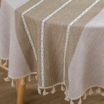Nappe de ferme avec pompon  coutures lourdes (rond, 60 pouces, lin) nappe en coton et lin anti - poussire ...