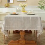 Nappe marron, 100160cm, � franges, en imitation lin et coton, lavable, style minimaliste moderne.