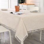Nappe rectangulaire beige anti tache nappe tassel lavable en coton et lin avec glands, linge de table ...