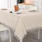 Nappe rectangulaire beige, antitache, lavable, en coton et lin avec pompons, pour anniversaire, mariage, ...