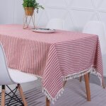 Nappe rectangulaire en coton et lin � rayures rouges, nappe � pompons, lavable, r�sistante � l'huile ...