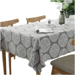 Nappe rectangulaire r�tro en coton et lin ? motif floral gris ? bord roul� ? 100 � 140 cm