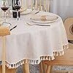 Nappe ronde anti tache en cotton lin beige, nappe de table linge de table lavable avec franges, nappes ...