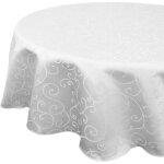 Nappe ronde damass�e blanche �178 cm, motif branches superpos�es, lin / polyester sans soudure