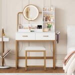 Coiffeuse avec éclairage led, miroir pivotant et prises de courant et tabouret, 2 tiroirs, support pour ... Coiffeuse avec éclairage led, miroir pivotant et prises de courant et tabouret, 2 tiroirs, support pour ...