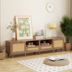 Neche - meuble tv design en rotin, commode tv avec pieds en bois massif, 2 tiroirs + 4 compartiments ...