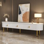 Neche - meuble tv led 174 x 35 x 41cm, commode tv �l�gante avec 3 tiroirs, coins incurv�s, pieds dor�s, ...