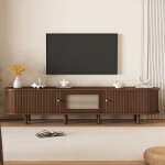 Neche - meuble tv de salon ovale en noyer fonc, porte coulissante, design rotin + mdf, pieds rglables, ...