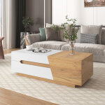 Neche - table basse extensible avec 2 tiroirs, d�cor deux tons blanc et bois naturel, compartiment de ...