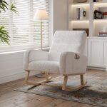 Fauteuil  bascule confortable avec accoudoirs, tissu sherpa, poches latrales, pieds en bois massif, ...