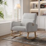 Fauteuil  bascule confortable avec accoudoirs, tissu sherpa, poches latrales, pieds en bois massif, ...