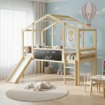 Nmonet ? lit cabane 90 x 200 cm en bois massif ? design mansard� avec escalier de s�curit� et toboggan ...
