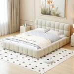 Nmonet - lit capitonn� 140x190cm, rev�tement lin, sommier � lattes en bois massif, lit double adulte, ...