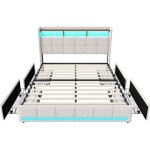 Nmonet - lit capitonn� 140x200 cm avec 4 tiroirs - sommier � lattes en bois massif, �clairage led, t�te ...