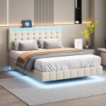 Nmonet - lit double capitonn� 140x190 cm, sommier � lattes en bois massif, bandeau lumineux led, lit ...