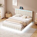 Nmonet - lit double capitonn� 160x200 cm, sommier � lattes en bois massif, bandeau lumineux led, lit ...