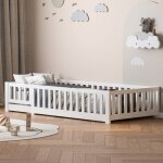 Nmonet - lit simple 90x200 cm, avec cl�ture de s�curit�, sommier � lattes en bois, lit enfant - blanc ...