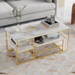 Nmonet - table basse gigognes rectangulaire, effet marbre design moderne avec cadre m�tallique, �tag�res, ...