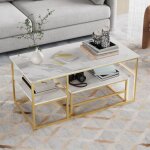 Nmonet - table basse gigognes rectangulaire, effet marbre design moderne avec cadre m�tallique, �tag�res, ...