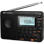 Noir) v115 radio portable, petite radio rechargeable, fm am sw, piles et secteur, carte tf, enregistreur, ...